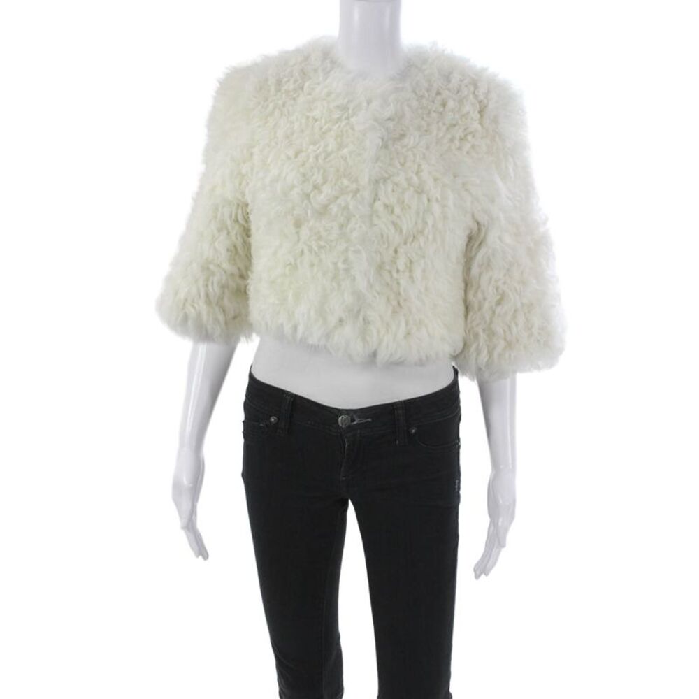 Designer Womens Basic Jacket Ivory Faux Fur 3/4 Sleeve Size XS